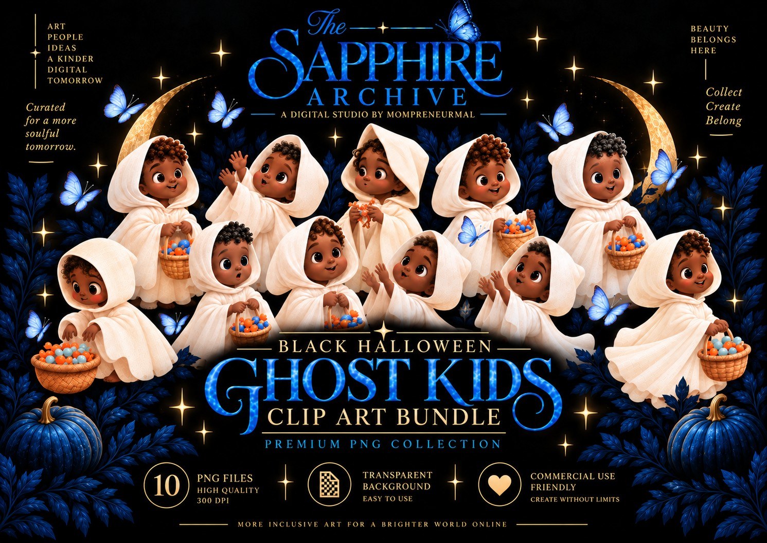 Boo & Blue Wings Black Halloween Clipart Bundle