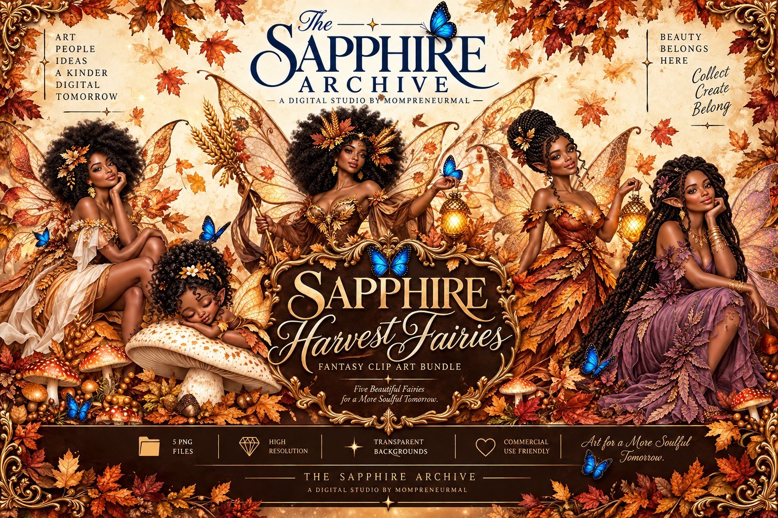 Sapphire Harvest Fairies – Black Autumn Fairy Clipart Bundle | Fall Fantasy PNG Digital Download