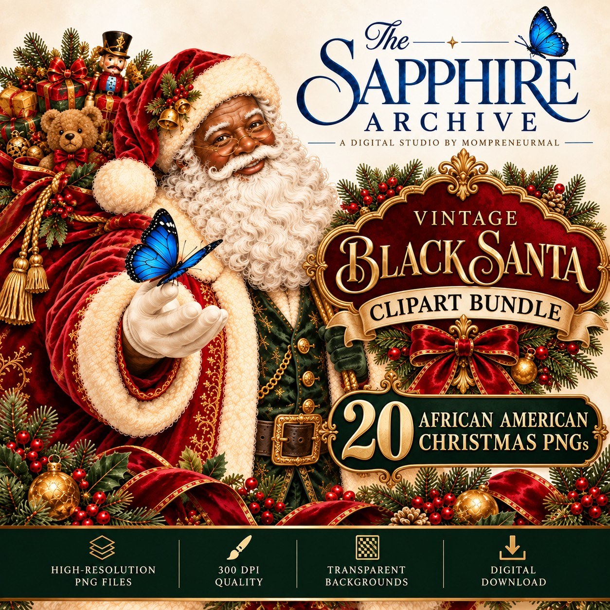 Vintage Black Santa Clipart Bundle – 20 African American Christmas PNGs