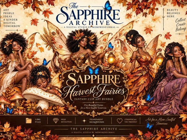 Sapphire Harvest Fairies – Black Autumn Fairy Clipart Bundle | Fall Fantasy PNG Digital Download