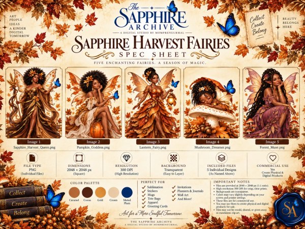 Sapphire Harvest Fairies – Black Autumn Fairy Clipart Bundle | Fall Fantasy PNG Digital Download - Image 2