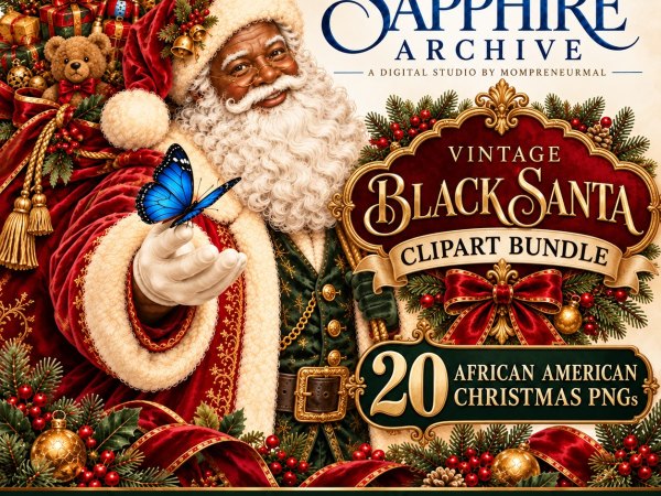 Vintage Black Santa Clipart Bundle – 20 African American Christmas PNGs