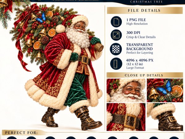 Vintage Black Santa Clipart Bundle – 20 African American Christmas PNGs - Image 2