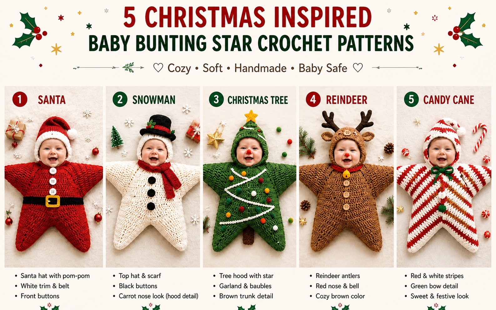 5 in 1 Christmas Baby Star Bunting Crochet Pattern PDF, 5 Star Hooded Baby Blanket Patterns, Newborn gift Sleep Sack Crochet Baby Blanket