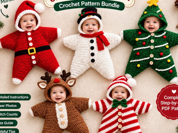 5 in 1 Christmas Baby Star Bunting Crochet Pattern PDF, 5 Star Hooded Baby Blanket Patterns, Newborn gift Sleep Sack Crochet Baby Blanket - Image 2